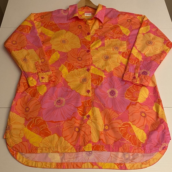 Floral Long Sleeve Organic Cotton Sleep Shirt In Sunkissed Poppies Sz Large - Picture 5 of 17